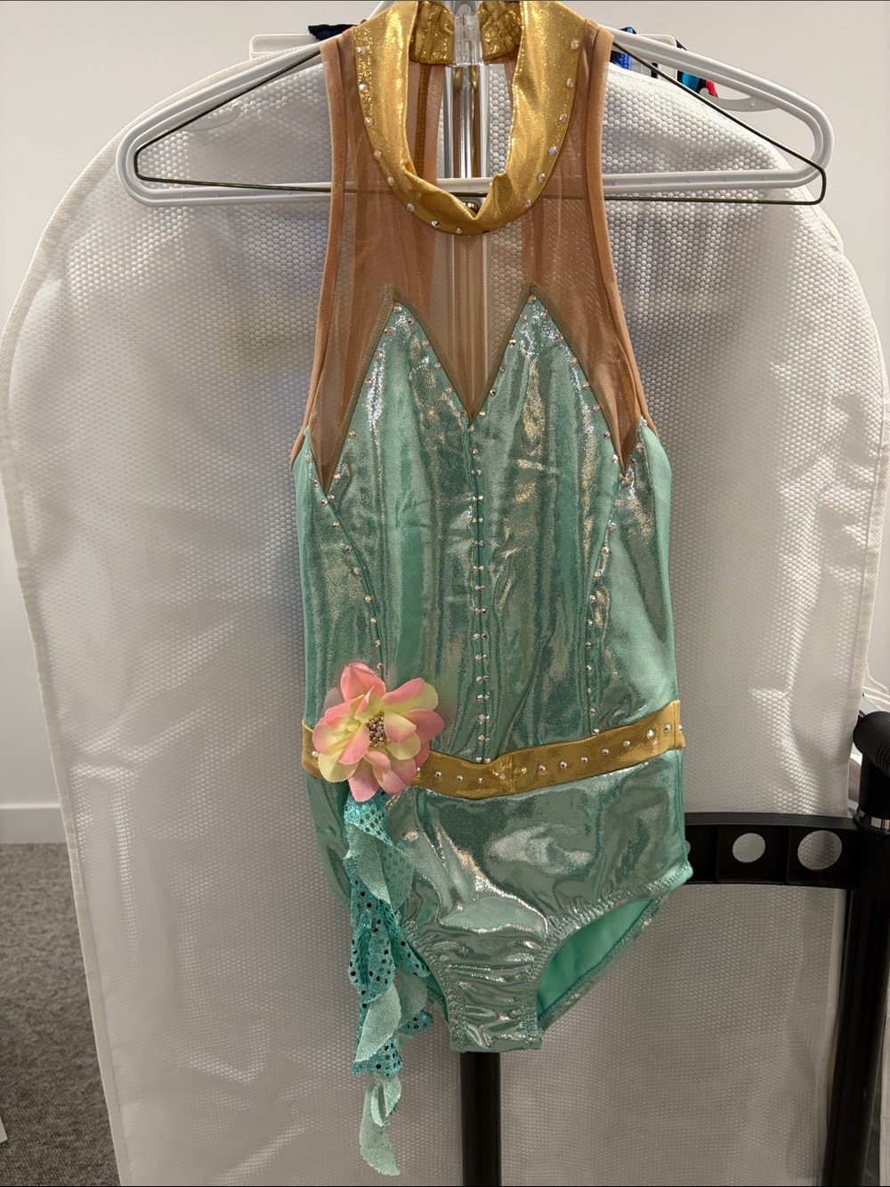 Girls' Aqua and Gold Sparkle Dance Leotard with Floral Accent